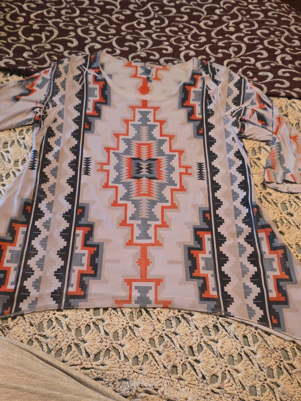 Aztec Geometric 3/4 Sleeve Tunic in Coral, Gray & Black